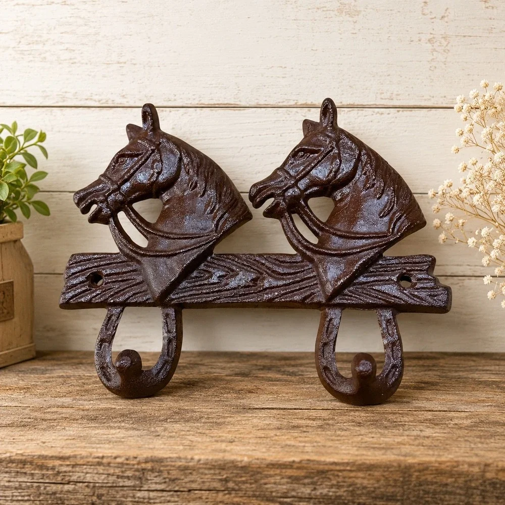 Cast Iron Horse Head Wall Hook Rack Double Horseshoe Western Equestrian Brown